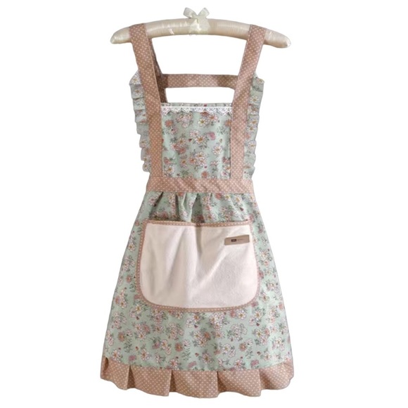 Apron Bib Sweet Vintage Retro Vibe  Pockets Waist Tie Floral Polka Dot Green - Picture 14 of 14